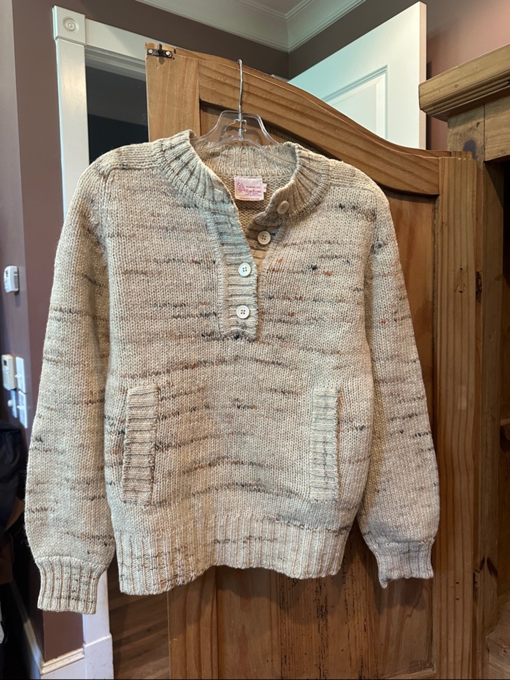 Vintage 1970’s Evan Picone Speckled Berber Wool Cream Cowl-Neck Button Pullover